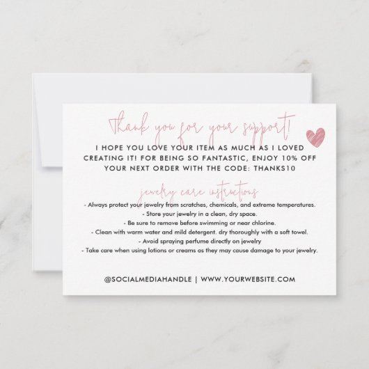 ラブピンクで手作りありがとうジュエリー気に ノートカード (裏面)