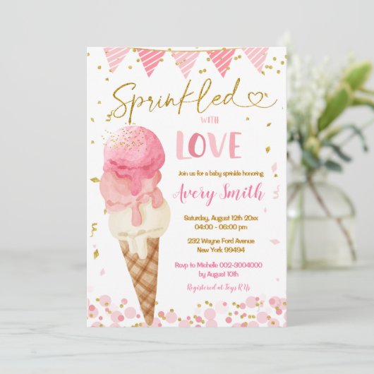 ラブピンクのアイスクリームの赤ちゃんシャワーが散らばる 招待状 (スタンド正面)