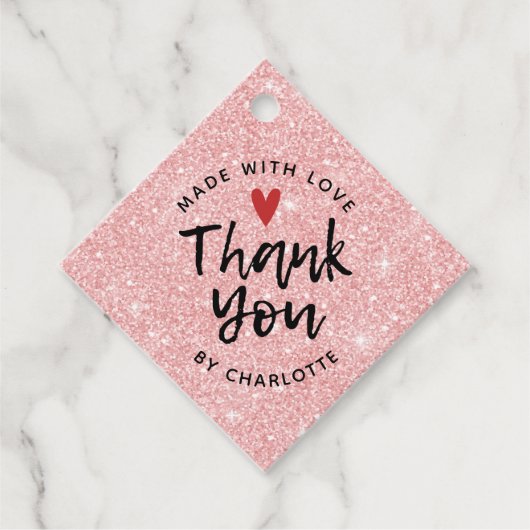 ラブピンクの手作りありがとうグリッター フェイバータグ (正面)