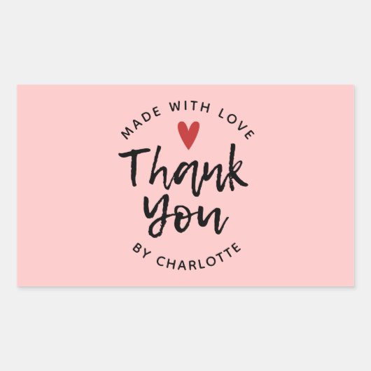 ラブピンクの手作りありがとう赤面 長方形シール (正面)