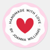 ラブピンクの波打ち赤いハートで手作り縁ど ラウンドシール (正面)