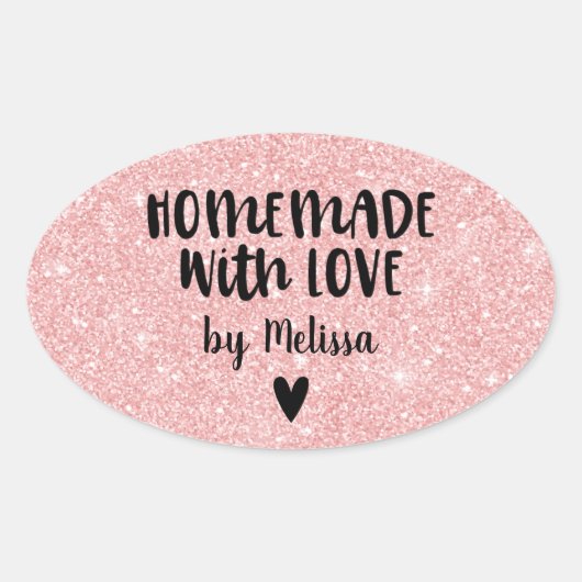 ラブピンクグリッターハートシール付き手作り 楕円形シール (正面)