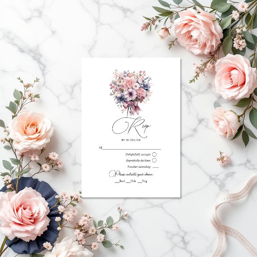 ラブピンクファンシークボウとパステルブーケ結婚ーズ 出欠カード