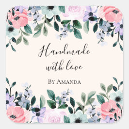 ラブピンク&グリーンフローラ水彩手作り スクエアシール