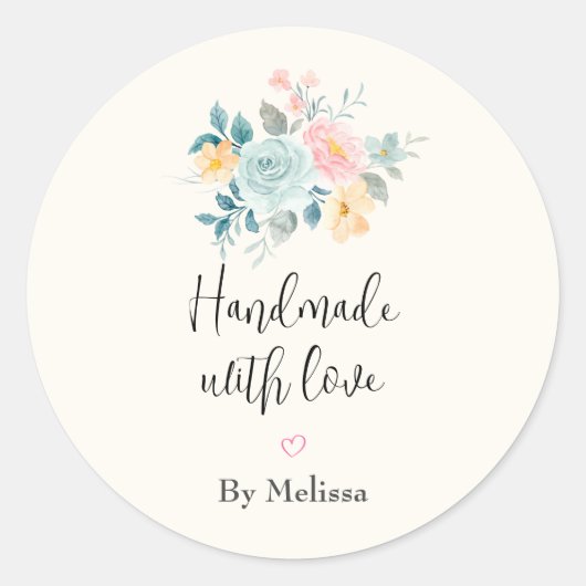 ラブピンク&ブルーフラワーブーケで手作り ラウンドシール (正面)