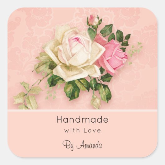 ラブピンク&ホワイトローズブーケで作られる スクエアシール (正面)