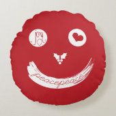 ラブピースジョイおもしろいスマイリーフェイスホリデークリスマス ラウンドクッション (正面)