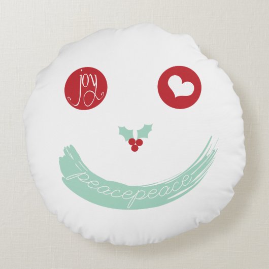 ラブピースジョイおもしろいスマイリーフェイスホリデークリスマス ラウンドクッション (裏面)