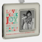 ラブピースジョイキスカラータイポグラフィクリスマス シルバープレートフレームオーナメント (右)