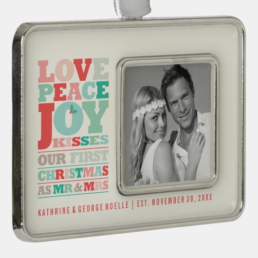 ラブピースジョイキスカラータイポグラフィクリスマス シルバープレートフレームオーナメント (右)