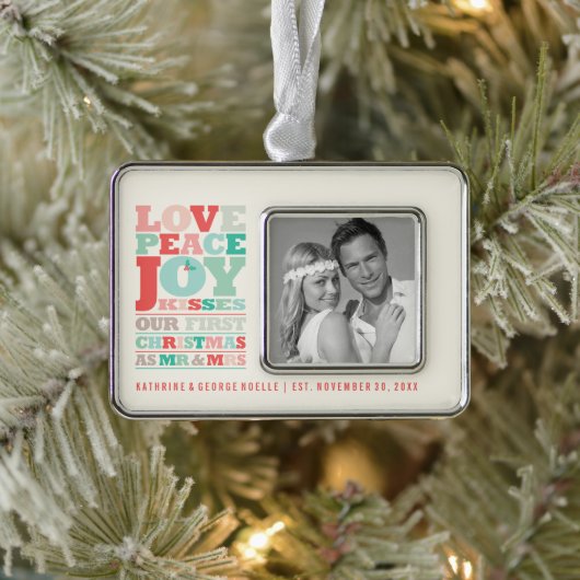 ラブピースジョイキスカラータイポグラフィクリスマス シルバープレートフレームオーナメント (ツリー)