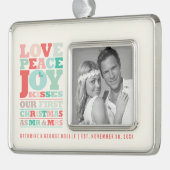 ラブピースジョイキスカラータイポグラフィクリスマス シルバープレートフレームオーナメント (左)