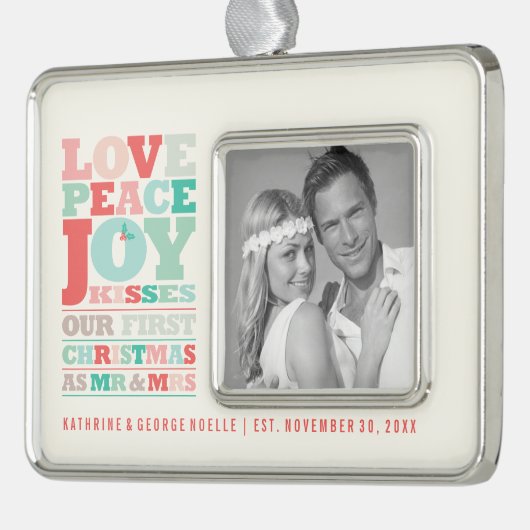 ラブピースジョイキスカラータイポグラフィクリスマス シルバープレートフレームオーナメント (左)