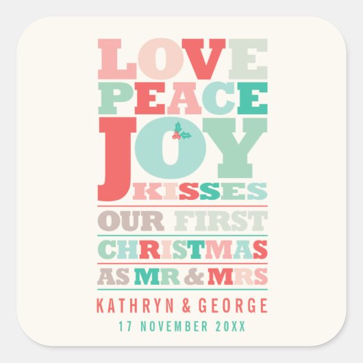 ラブピースジョイキスカラータイポグラフィクリスマス スクエアシール (正面)
