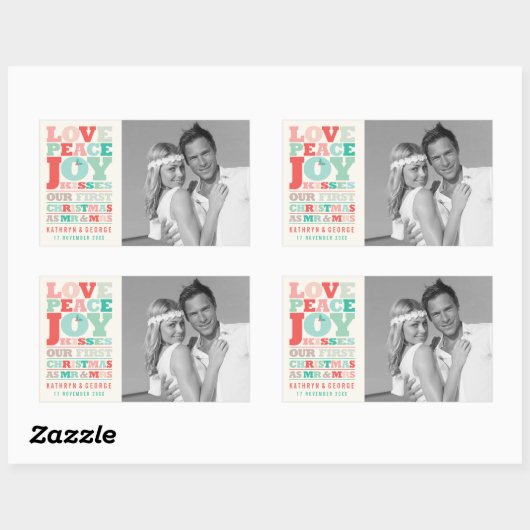 ラブピースジョイキスカラータイポグラフィクリスマス 長方形シール (シート)