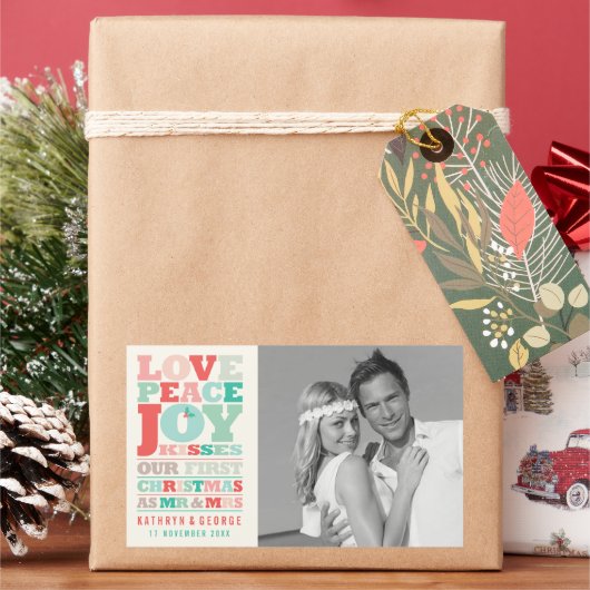 ラブピースジョイキスカラータイポグラフィクリスマス 長方形シール (クリスマス)