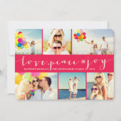 ラブピースジョイ明るい赤紫色バンドモダンフォトコラージュ シーズンカード (正面)