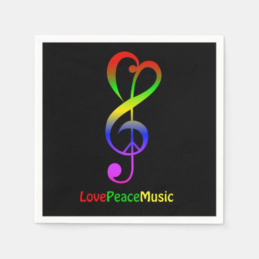 ラブピース音楽ヒッピーtrebleクレフ、 音符記号ブラック スタンダードカクテルナプキン (正面)