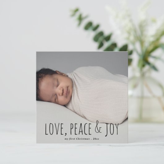 ラブピース&ジョイ | 初めてのクリスマスベビー写真 シーズンカード (スタンド正面)