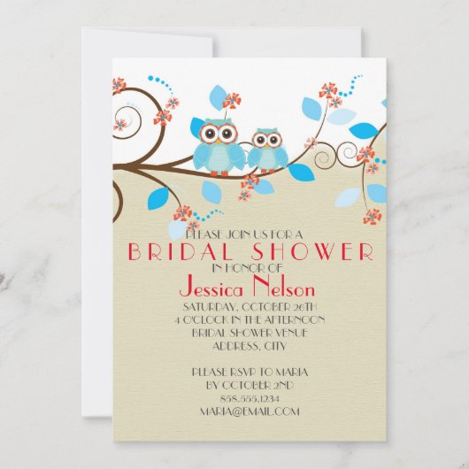 ラブフクロウ枝ウッドダマスクブライダルシャワー 招待状 (正面)
