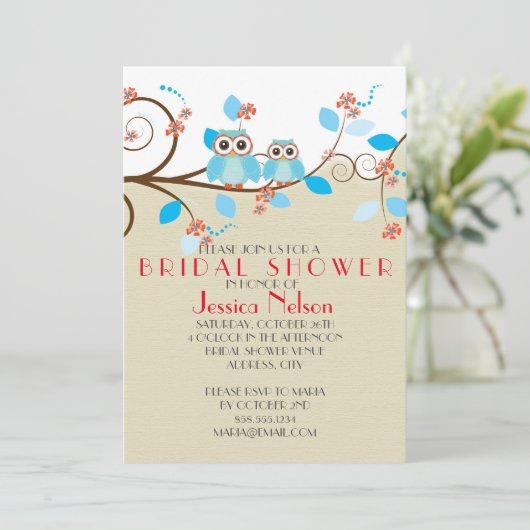 ラブフクロウ枝ウッドダマスクブライダルシャワー 招待状 (スタンド正面)