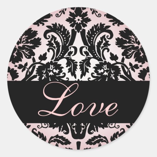 ラブブラック&ピンクダマスコウェディングステッカー ラウンドシール (正面)