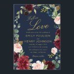 ラブブルゴーニュ海軍フローラの結婚秋 招待状<br><div class="desc">美しいブルゴーニュの海軍と赤面のフローラのリースとエレガント文字。美しいフォーマル海軍の背景。文字、文言、背景色、紙の種類とサイズは可能でカスタマイズす。</div>