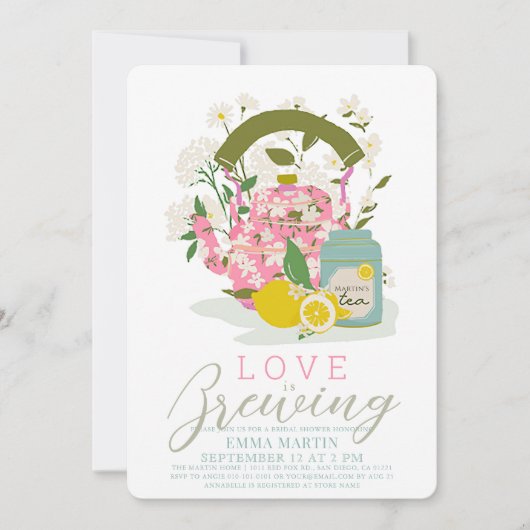ラブブルーイングピンクフローラティーパーティーブライダルシャワー 招待状 (正面)