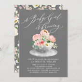 ラブブルーイングピンク牡丹フローラベビーティーシャワー 招待状 (正面/裏面)