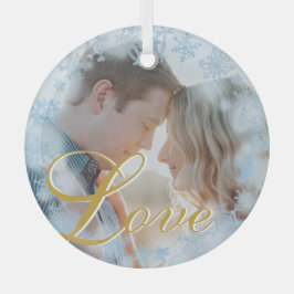 ラブブルースノーフレークのフレームパーソナライズされた写真 ガラスオーナメント