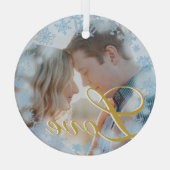 ラブブルースノーフレークのフレームパーソナライズされた写真 ガラスオーナメント (裏面)