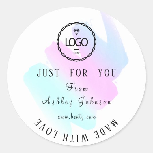 ラブブルー感謝していピンクホワイトで作ったロゴ ラウンドシール (正面)