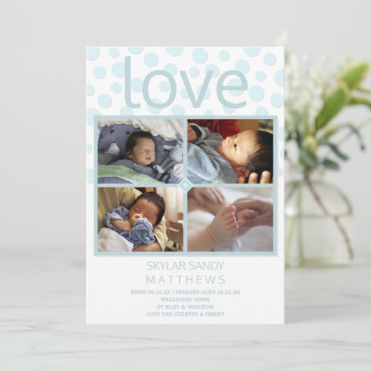 ラブブルー水玉模様4フォトベビーの採用 案内状 (スタンド正面)