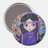 ラブヘッドバンドヒッピー女の子の人形パープルサイケデリック マグネット (正面/裏面)