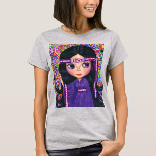ラブヘッドバンドヒッピー女の子の人形パープルサイケデリック Tシャツ