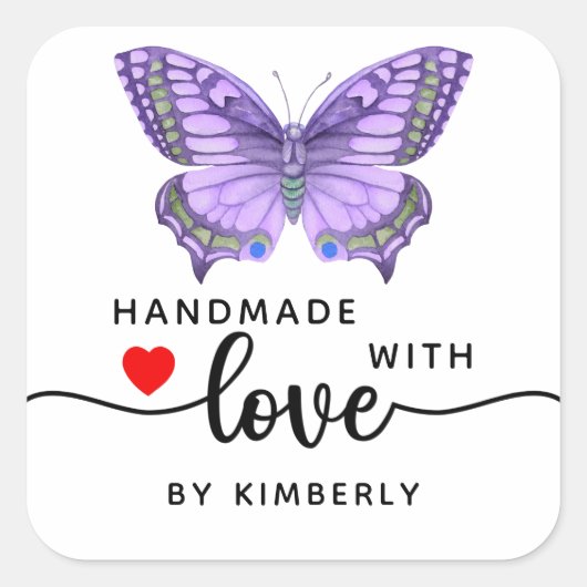 ラブホワイトで手作り紫の蝶 スクエアシール (正面)