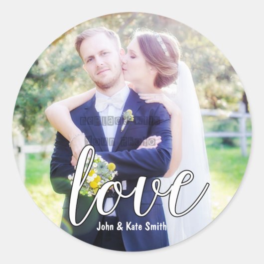 ラブホワイトタイポグラフィ結婚式の引き出物シール ラウンドシール (正面)