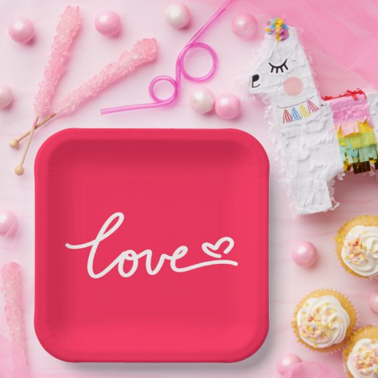 ラブホワイト文字オンピンク ペーパープレート (パーティー)
