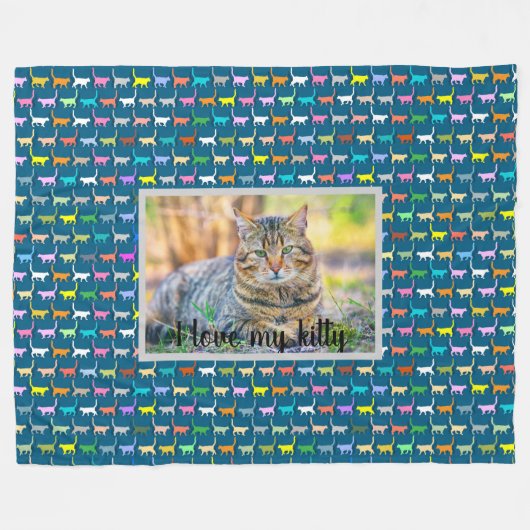 ラブマイ子猫あなたの猫フォトプリントティール(緑がかった色) フリースブランケット (正面(横))