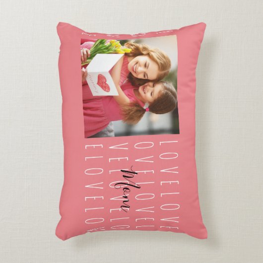 ラブママ引用文コーラルピンクファミリーフォト アクセントクッション (正面(垂直))
