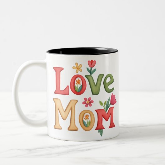 ラブママ文字と花 ツートーンマグカップ (左)