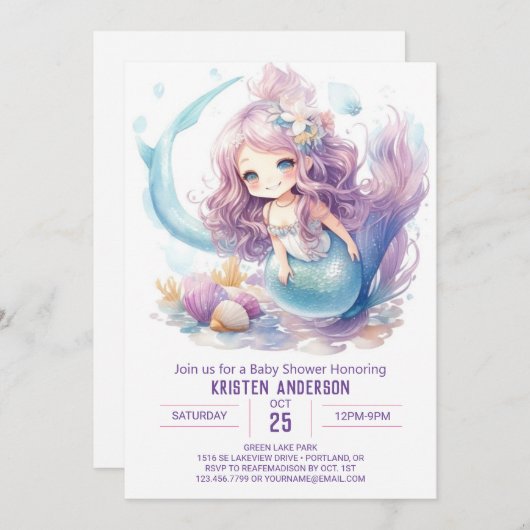 ラブマーメイドベビーシャワー招待状の海 招待状 (正面/裏面)