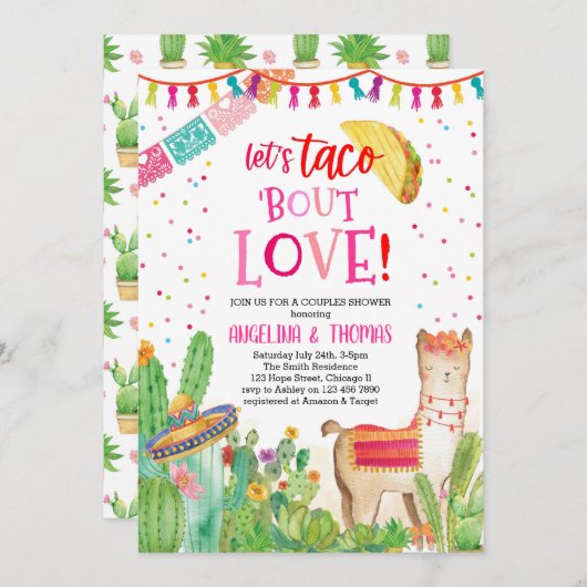 ラブメキシコのフィエスタピンクカップルのシャワー 招待状 (正面/裏面)