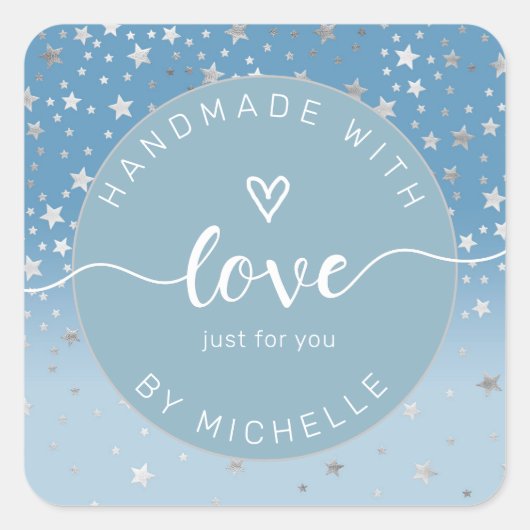 ラブモノグラムの正方形に手作りの銀色の星 スクエアシール (正面)