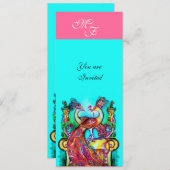 ラブモノグラムピンクのピーコックティール(緑がかった色)ブルー 招待状 (正面/裏面)