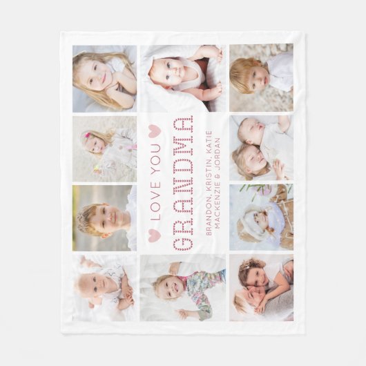 ラブユーばあちゃんハート10枚パーソナライズされた写真 フリースブランケット (正面)