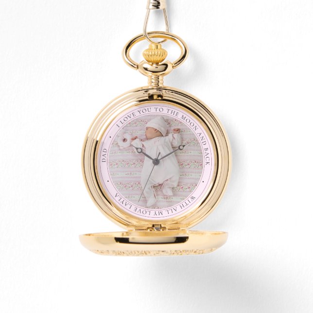 ラブユーパパパーソナライズされたフォトガールピンクポケット 腕時計 (正面)