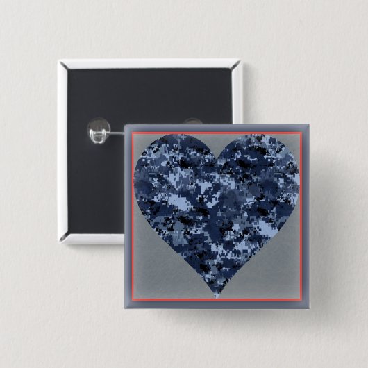ラブユーブルー軍隊迷彩柄ハートバレンタインボタン 缶バッジ (正面&裏面)