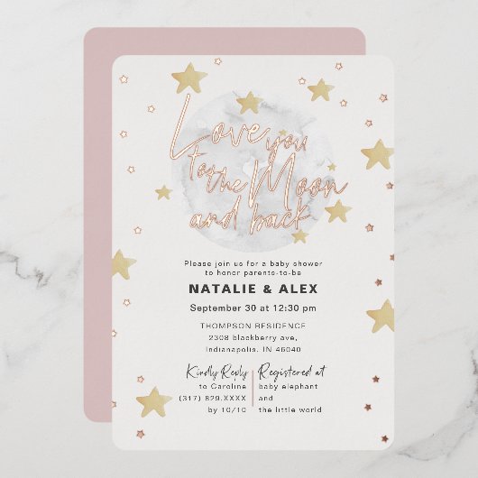 ラブユームーン&バックガールベビーシャワー 箔招待状 (正面/裏面)