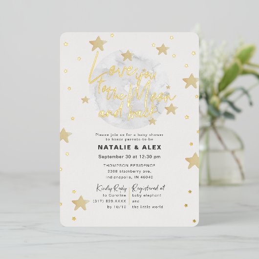 ラブユームーン&バックニュートラル赤ちゃんシャワー 箔招待状 (立ち正面)